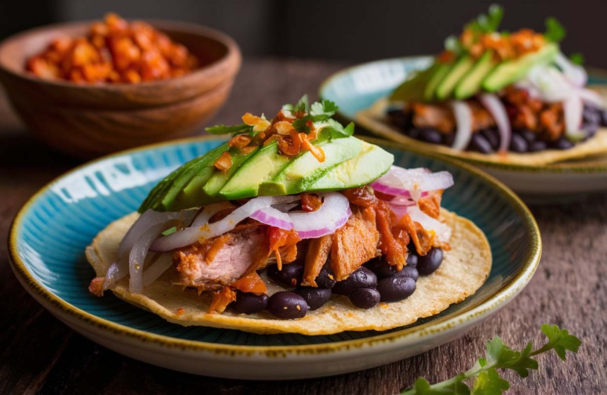 Panuchos de Cochinita Smažené tortilly plněné černými fazolemi a přelité marinovanou vepřovou nakládanou cibulkou a avokádem, obrázek Jack7_7 shutterstock